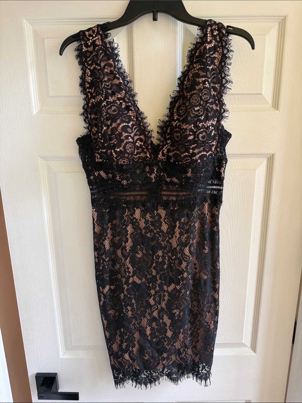Black Lace Plunge Slip Dress with Nude Lining -New